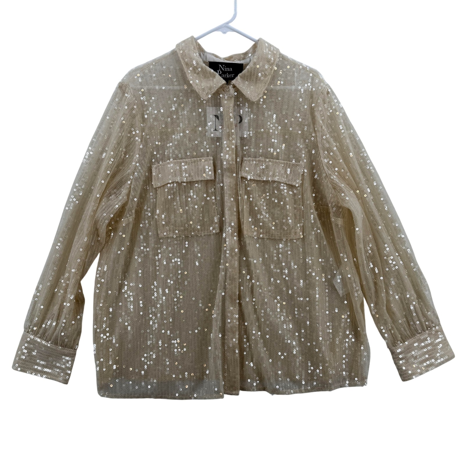 Nina Parker Shirt Womens 2X Oat Latte Sequin Sheer Mesh Button Up Blouse Party