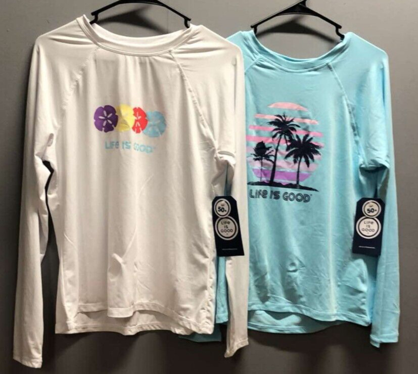 2PC Ladies Long Sleeve SunShirt UPF 50+ Set~ Large ~Row of Hibiscus & Palm Trees