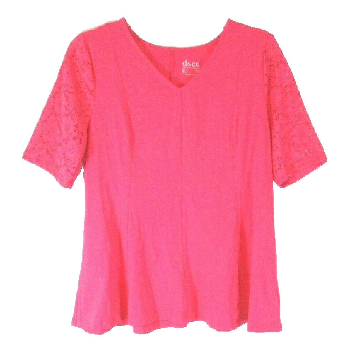 Denim & Co. Fit & Flare Shirt Pink Large Lace Sleeve Pull On A290115 Women YT14