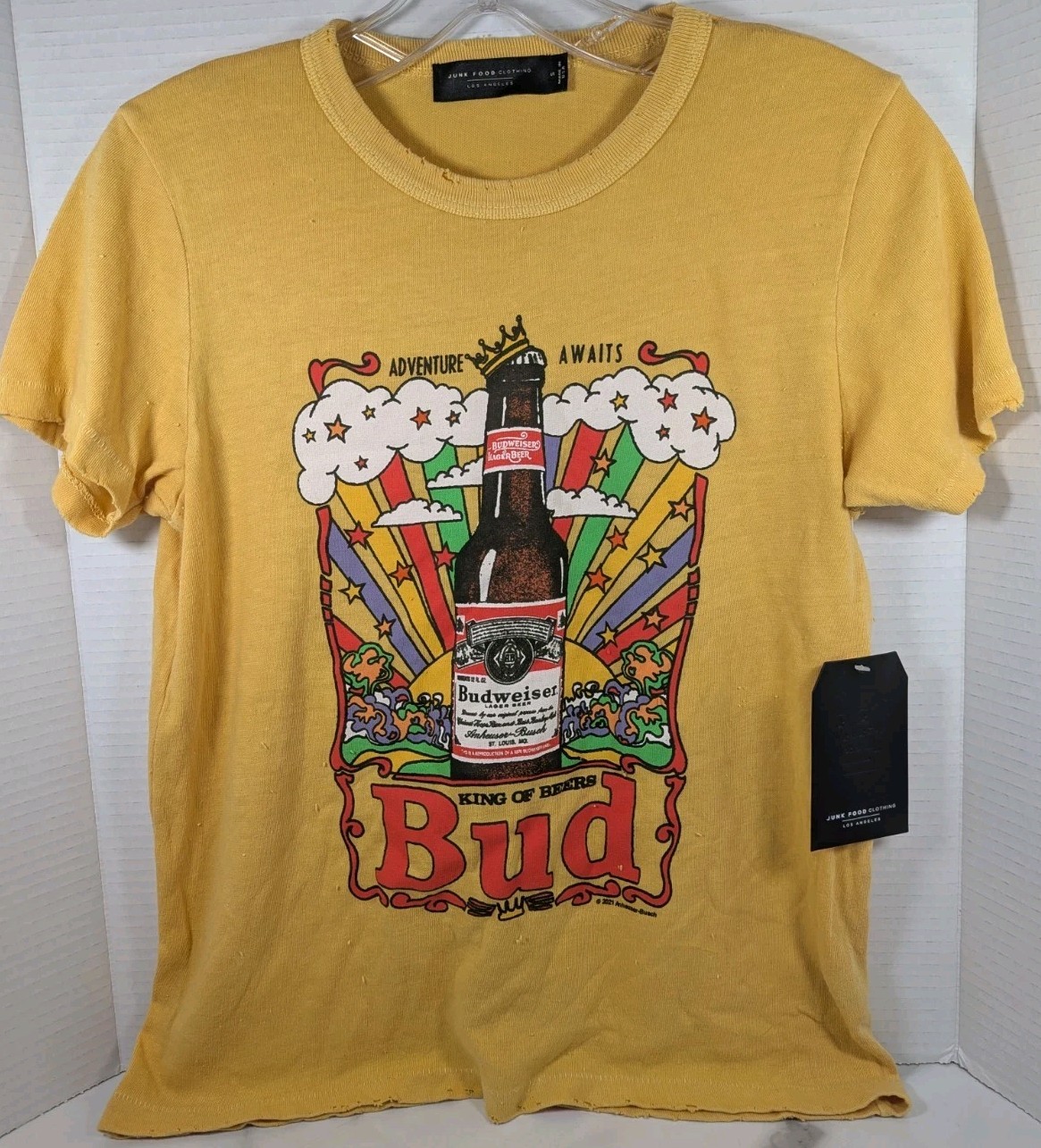 Junk Food Clothing Bud King Of Beers Distressed TShirt Yellow Size Ladies M NWT
