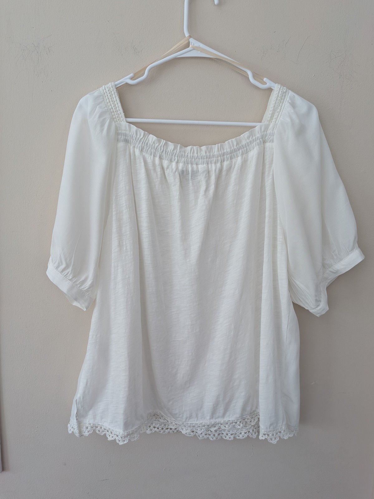 Democracy Boho Peasant Blouse Embroidered Eyelet Lace Square Neck Puff Sleeve L