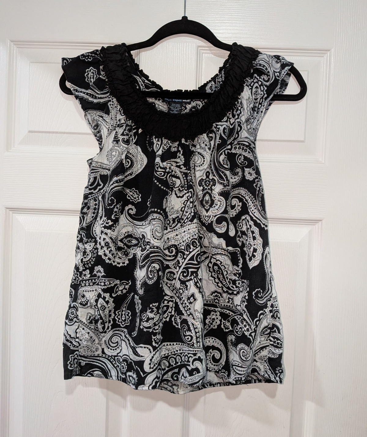 Y2K Saint Tropez West Black White Paisley Woven Linen Rayon Ruffle Blouse M