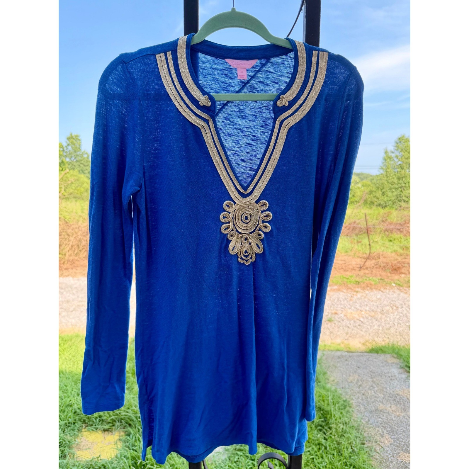 Lilly Pulitzer Royal Blue Gold Soutache Tunic Top Long Sleeve Cotton M 88189