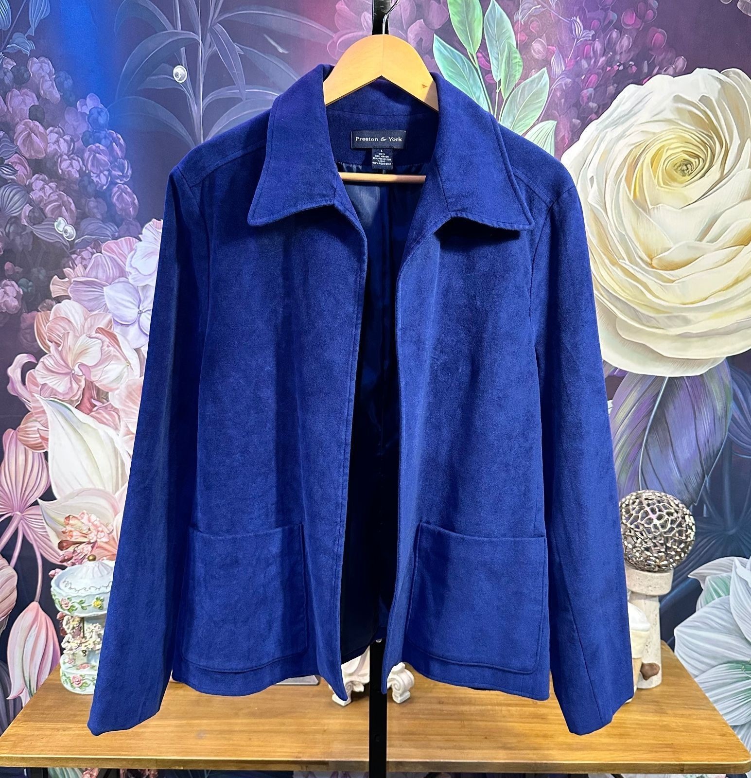 Preston & York L Blazer Jacket Blue Rayon Polyester Blend Open Front Pockets