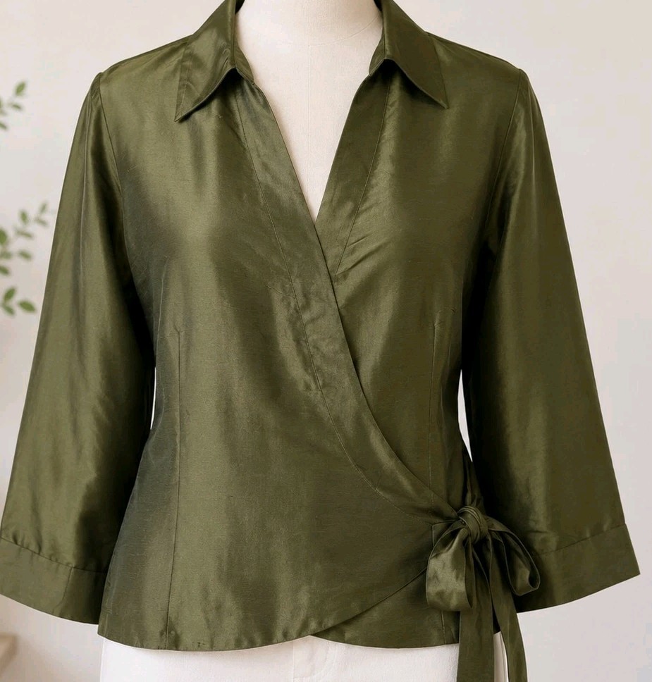 Allison Taylor 100% Silk Wrap Blouse Women’s 10 Olive Green 3/4 Sleeve Top