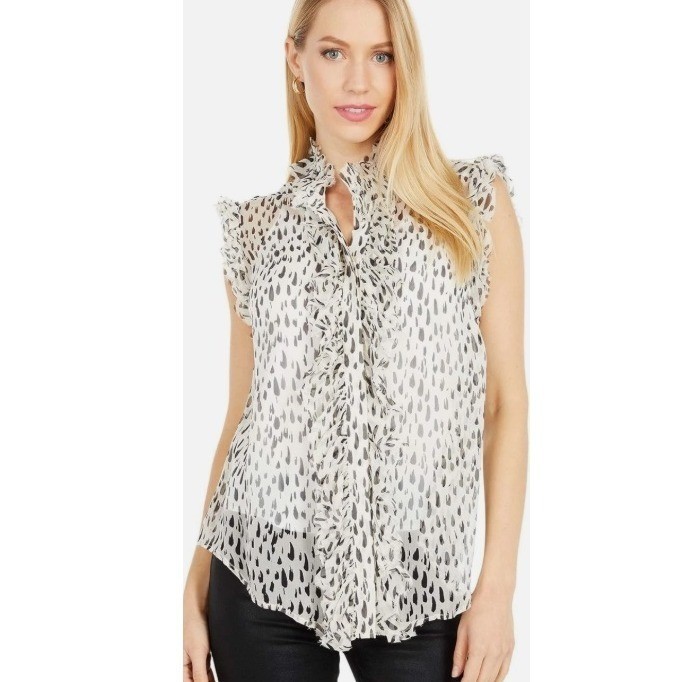 7 For All Mankind Ruffle Neck Sleeveless Lined Blouse Snow Leopard-Large NWT