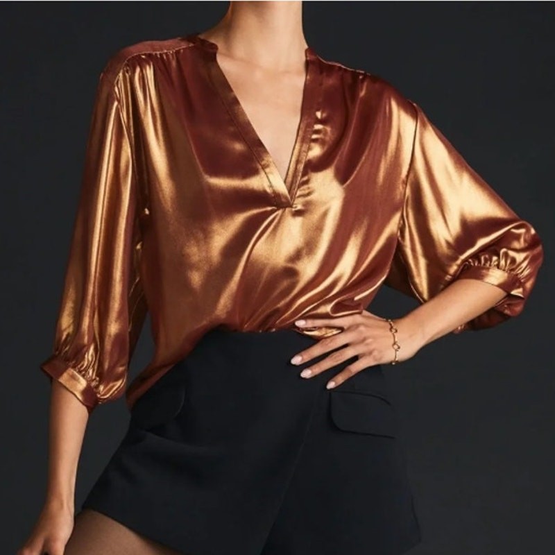 Anthropologie Womens Metallic Foil Top Size S Shiny Going Out Date Night Evening