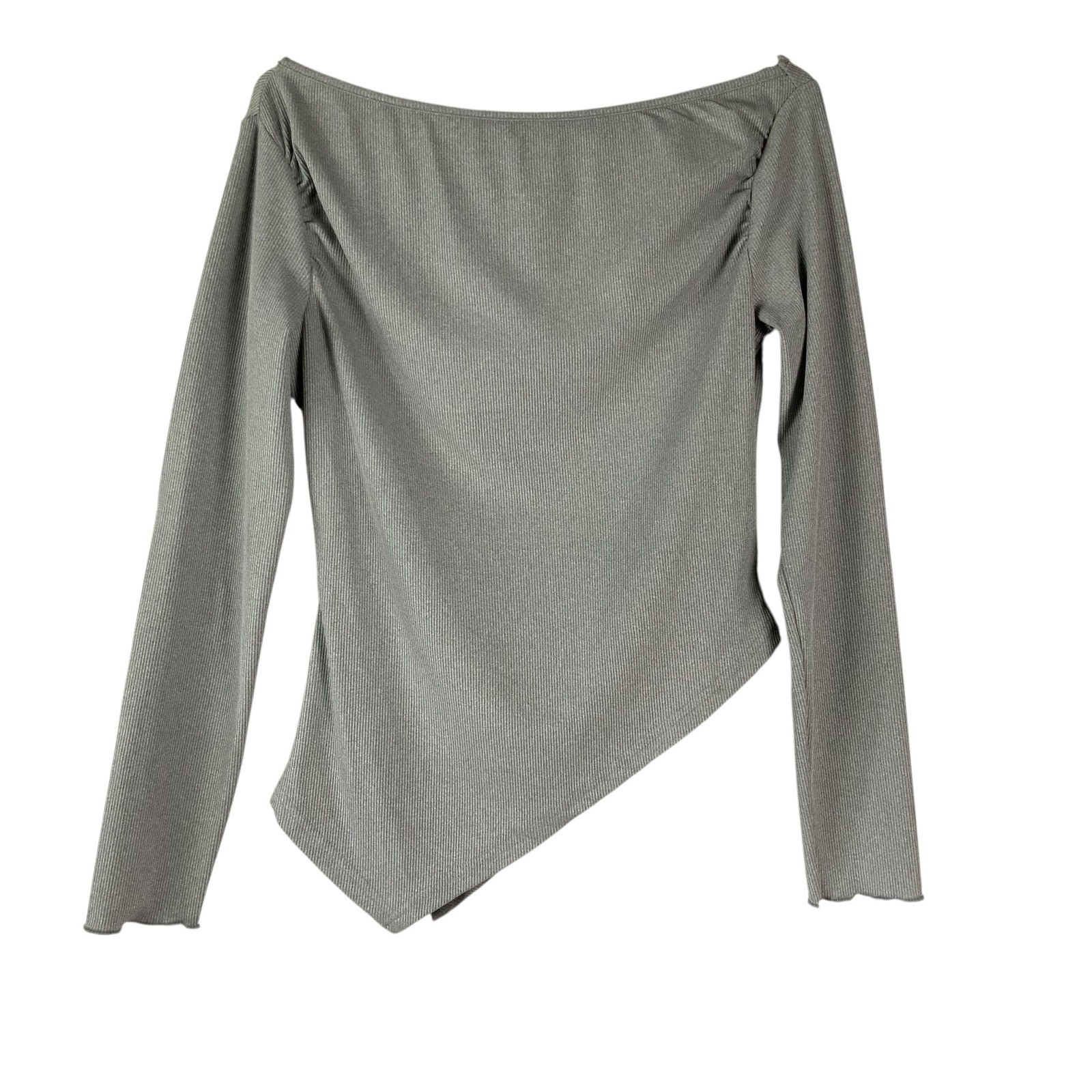 YOZY Gray Ribbed Asymmetrical Long Sleeve Pullover Blouse Womens Size M NWT