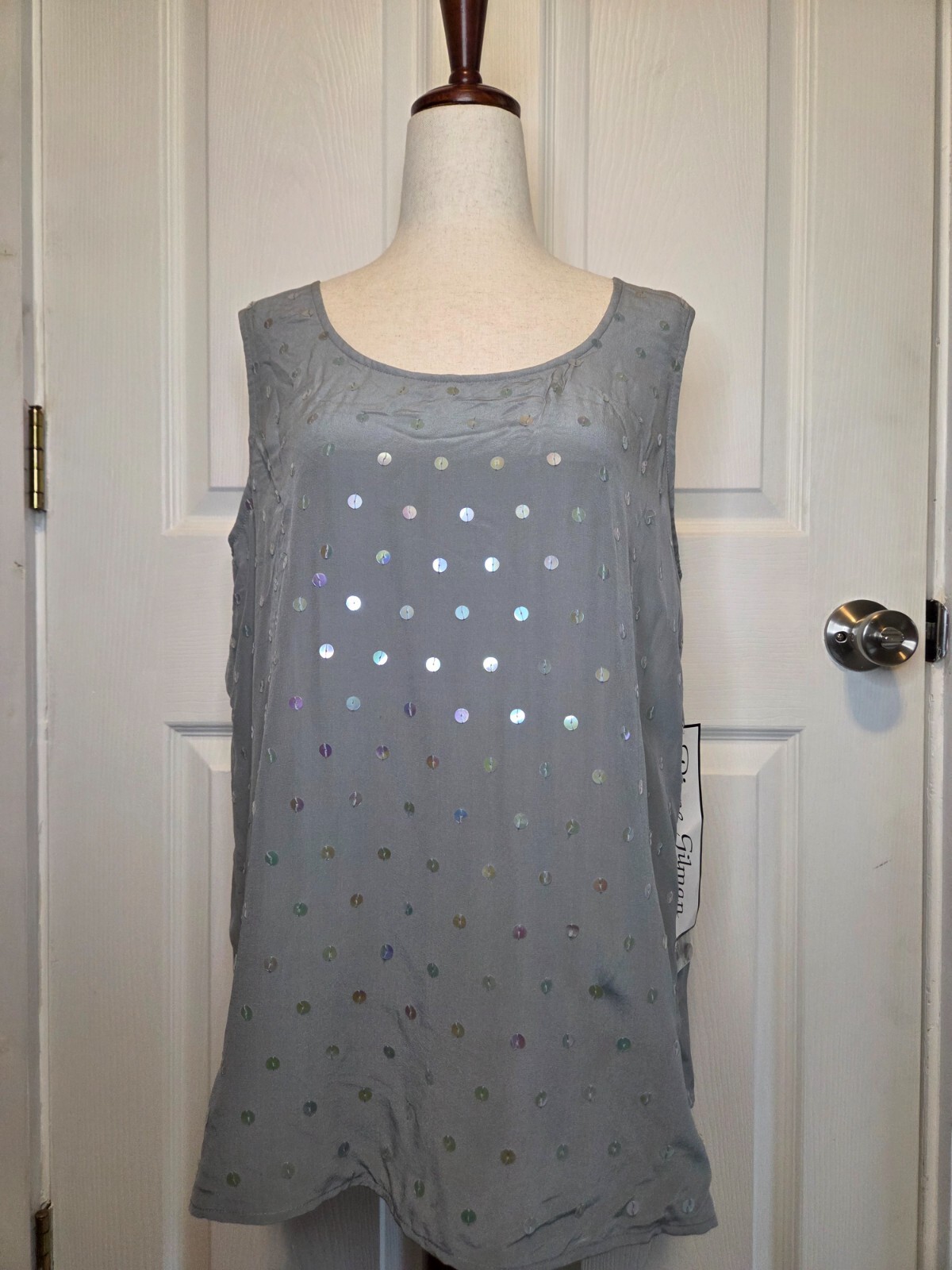 Vtg Sleeveless Blouse 90s Silk M Sequins Blue Preppy Classic Retro NWT Holiday