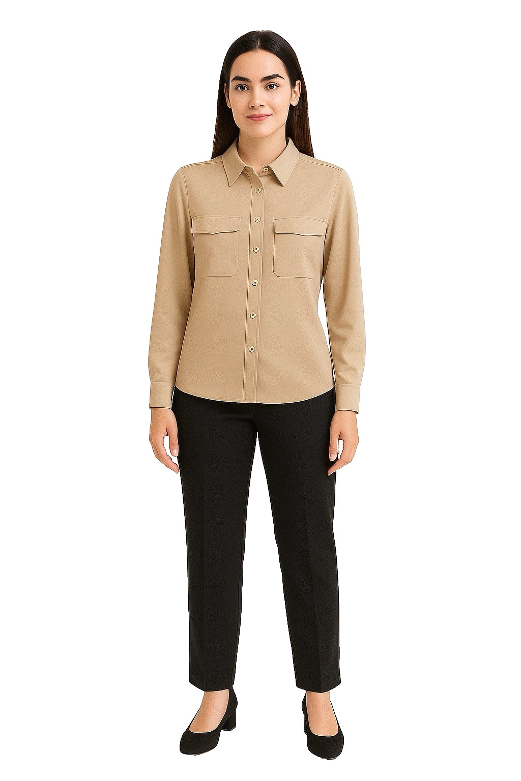 Premise Beige Blouse Machine Wash Pockets Button Front Classic NWT Sz M