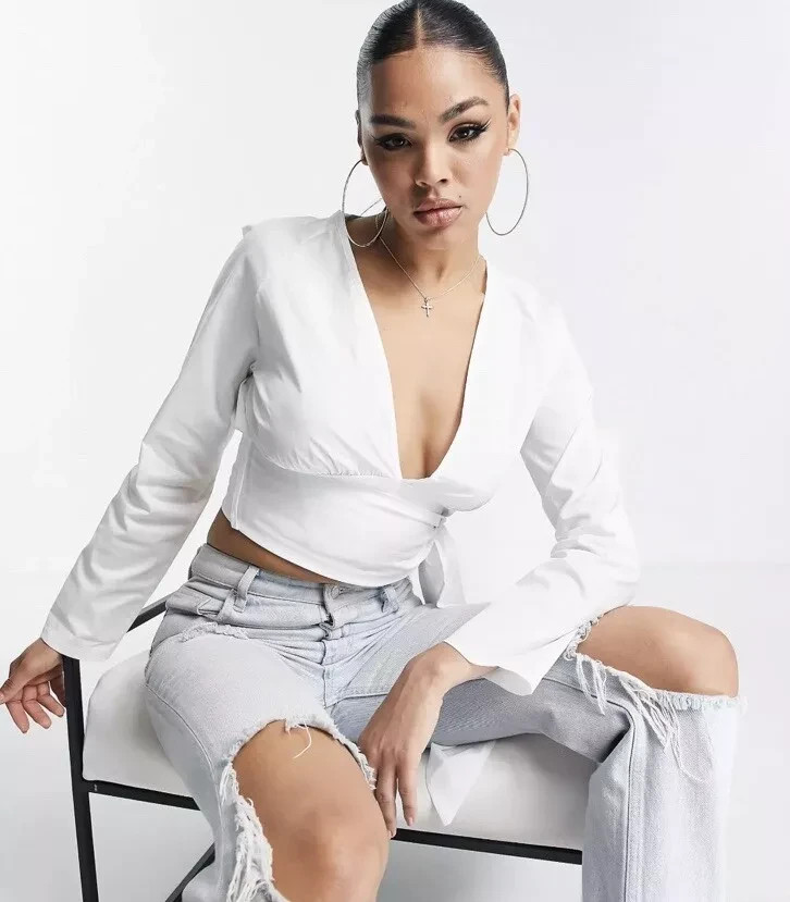 FEMME LUXE White Leather Look Tie Front Woven Top Size UK 14 (DRP5-10)