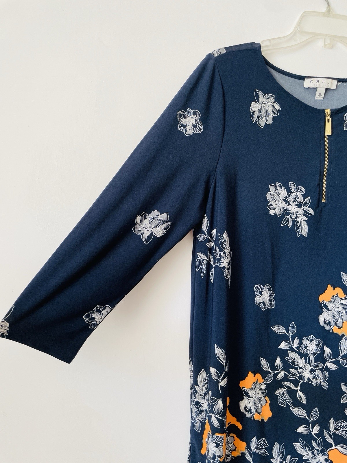 Chaus New York Tunic Blue SizeM Round Neck Gold Tone Zip 3/4 Sleeve Long Stretch