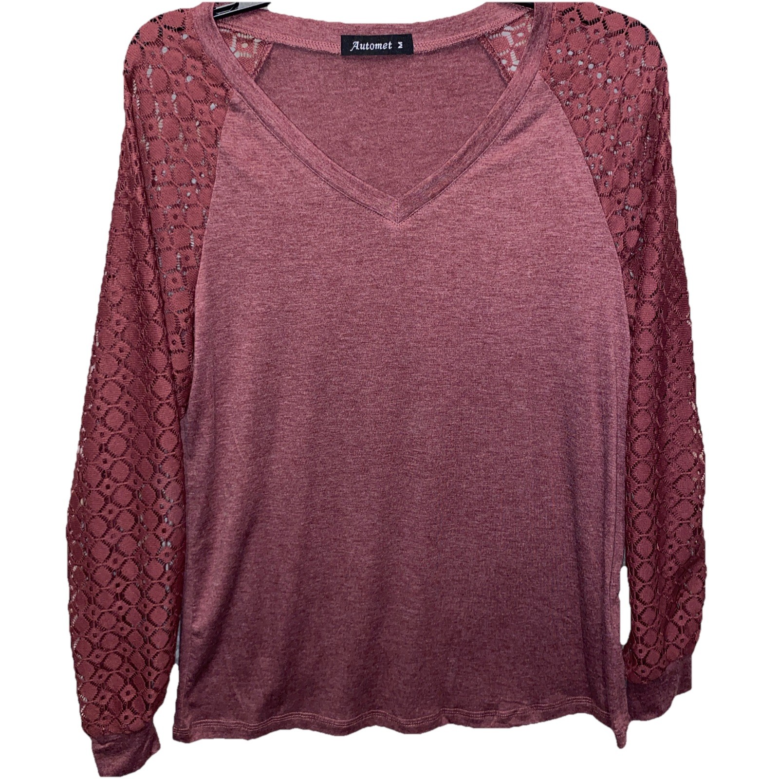 Automet Women’s Medium V-Neck Long Sleeve Lace Sleeve Top Wine Color