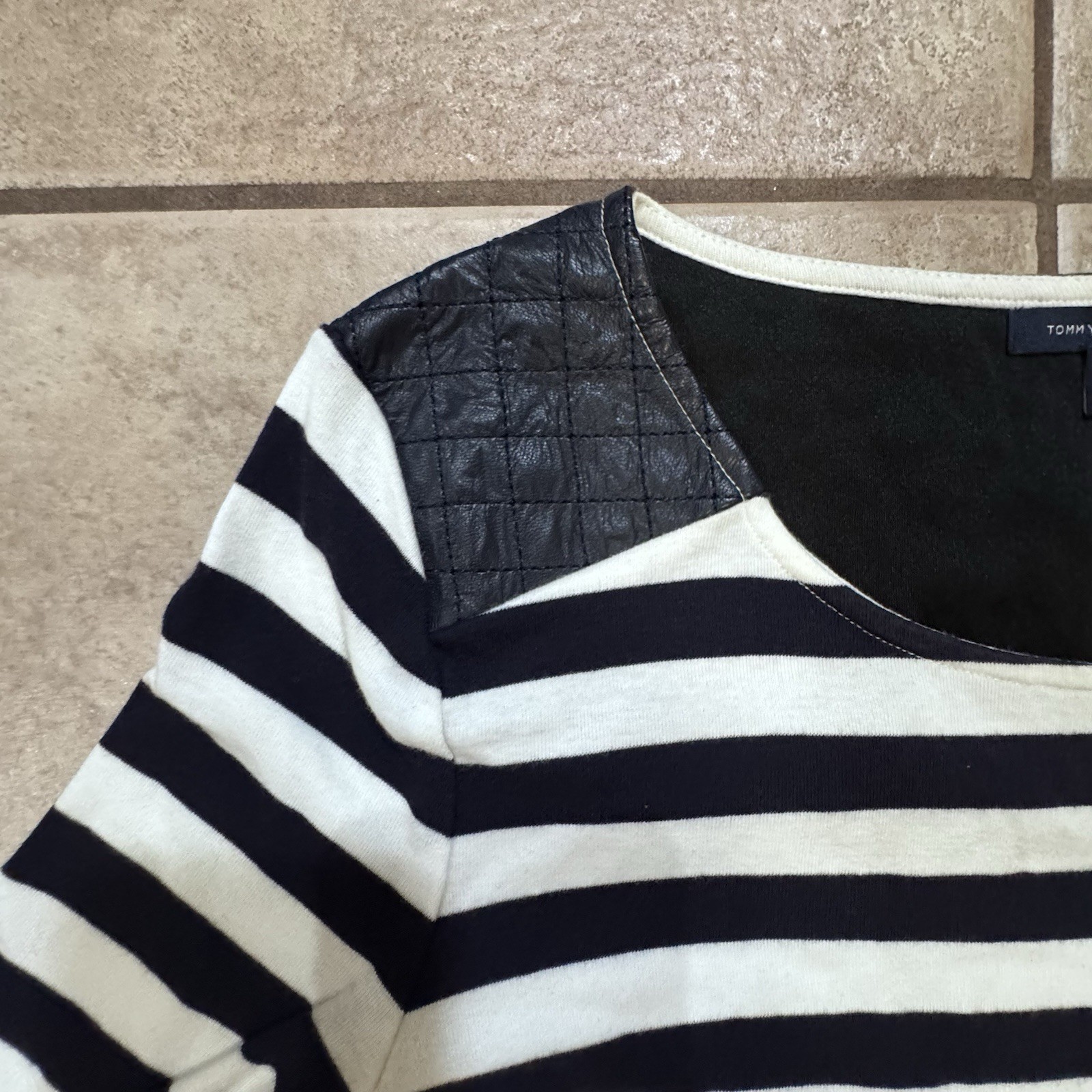 Womens Tommy Hilfiger Gray & Black Striped Boat Neck Shirt 100% Cotton Medium
