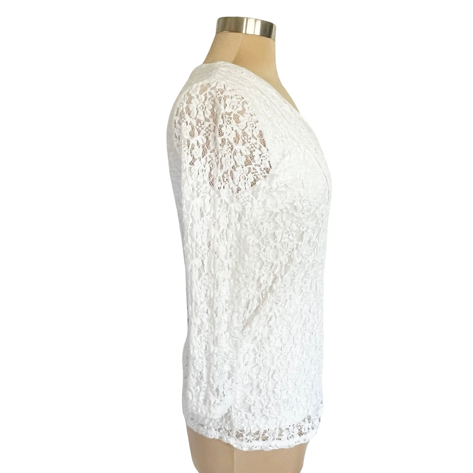 Peck & Peck Stretch Knit Top Lace Overlay Sheer Sleeves Sz Small Feminine Fairy