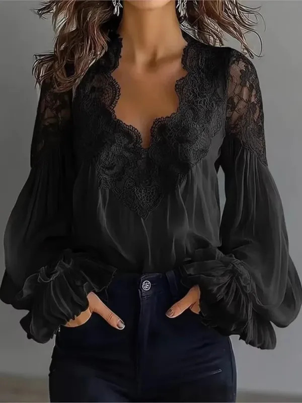 Blusa Mujer Color Sólido V-cuello Encaje Manga Farol Elegante Oficina