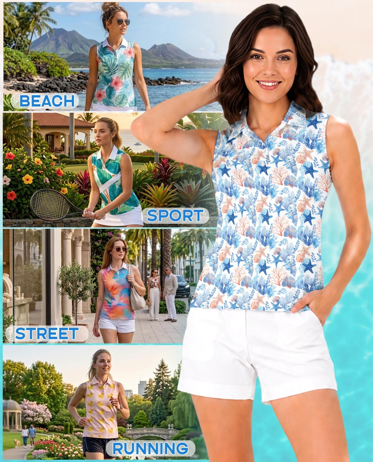 Women Sleeveless Polo Shirt Ocean Coral Seashell Tropical Top