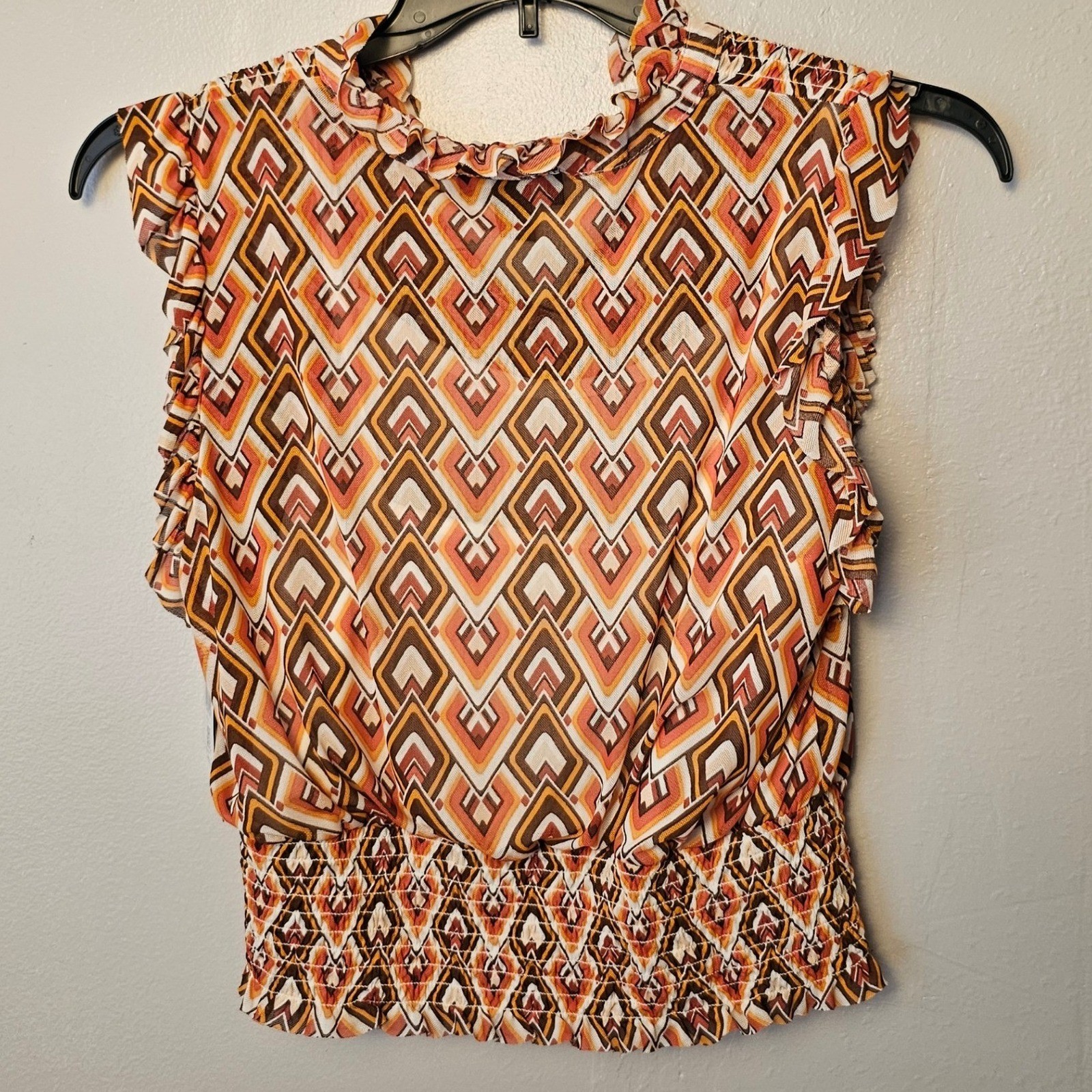 BCX Womens 2 pc Geometric Mesh Sleeveless Smocked Waist Blouse with cami Small