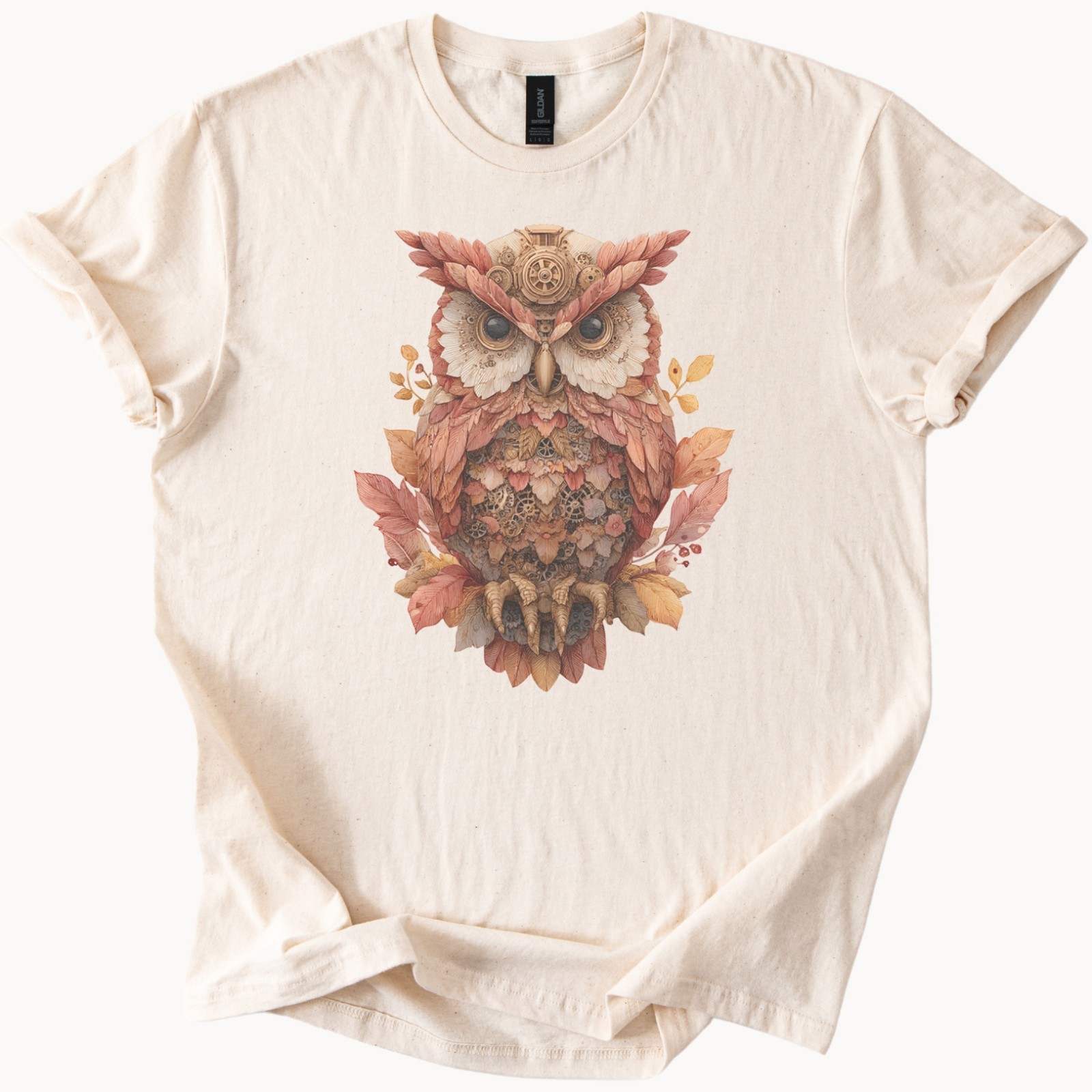 Steampunk Owl T Shirt Autumn Leaves Forest Animal Graphic Tee Shirt Gift