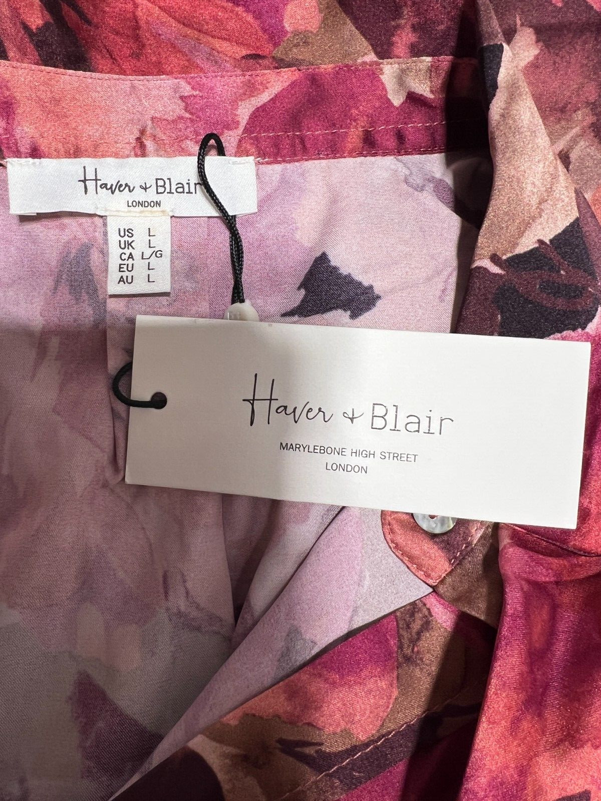 Haver Women Large Satin Top Shirt Blouse New NWT Pink Mauve Floral Tie Knot