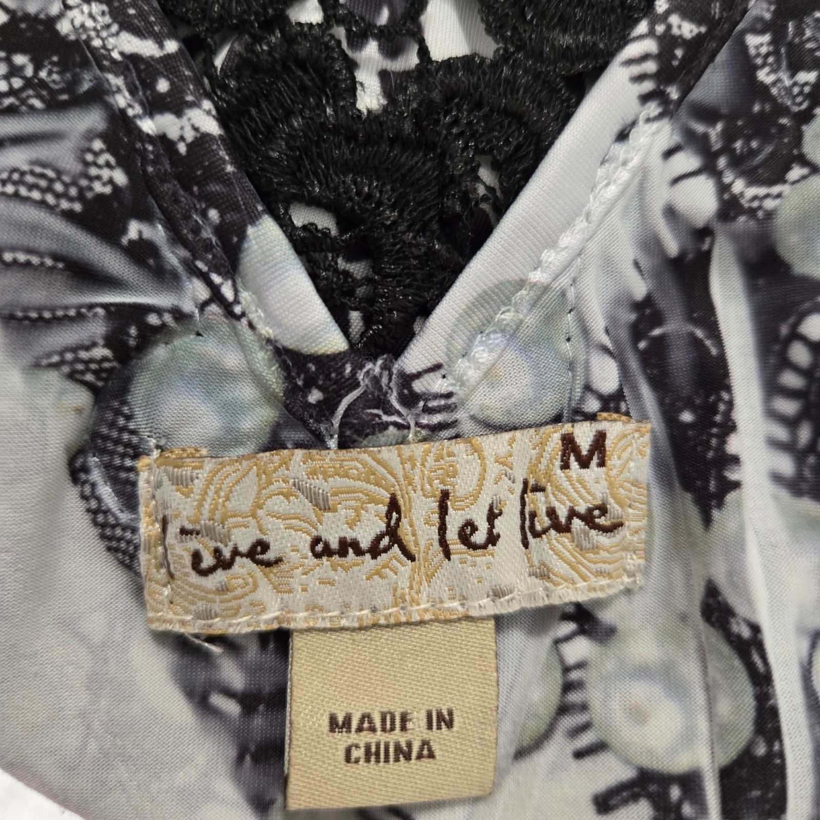 Live and Let Live Black White Lace Back Mixed Print Y2K Whimsigoth Top Size M