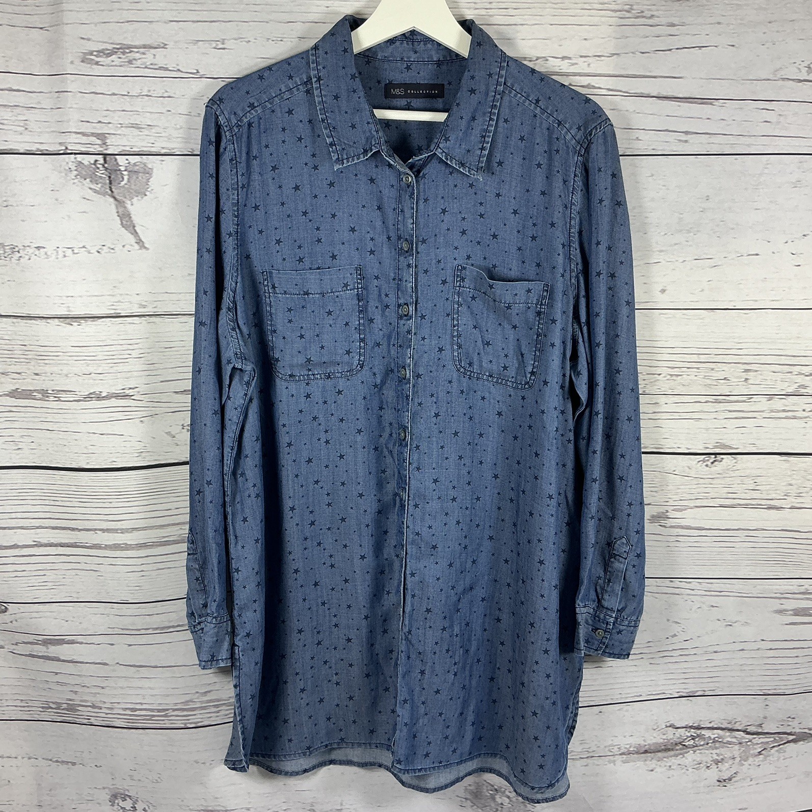 Marks & Spencer Shirt Size 18 Denim Blue Star Print 100% Lyocell Breast Pockets