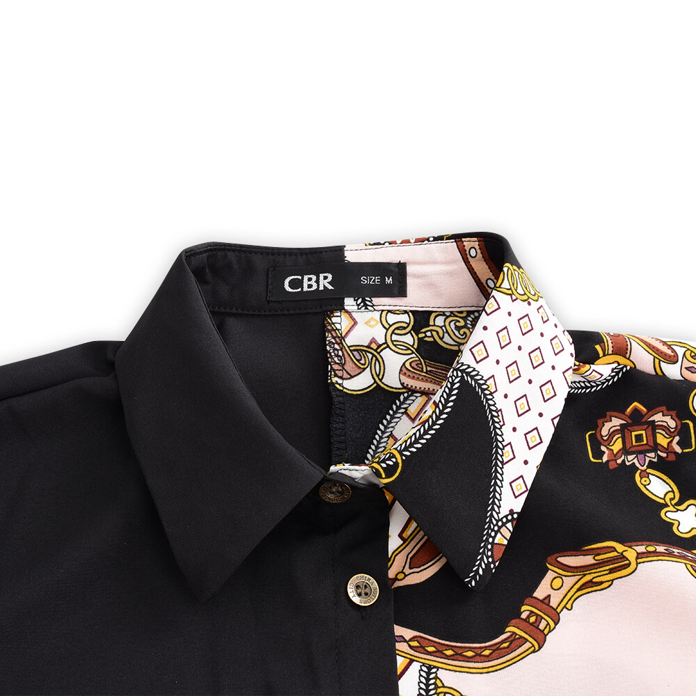 Women Top Vintage Hit Color Print Shirt Collar Long Sleeves Button Casual Blouse