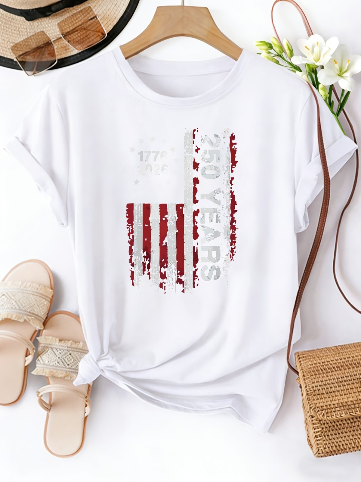 Women 1776 American Flag 250 Years Celebration Short Sleeve Round Neck T-shirt ❀