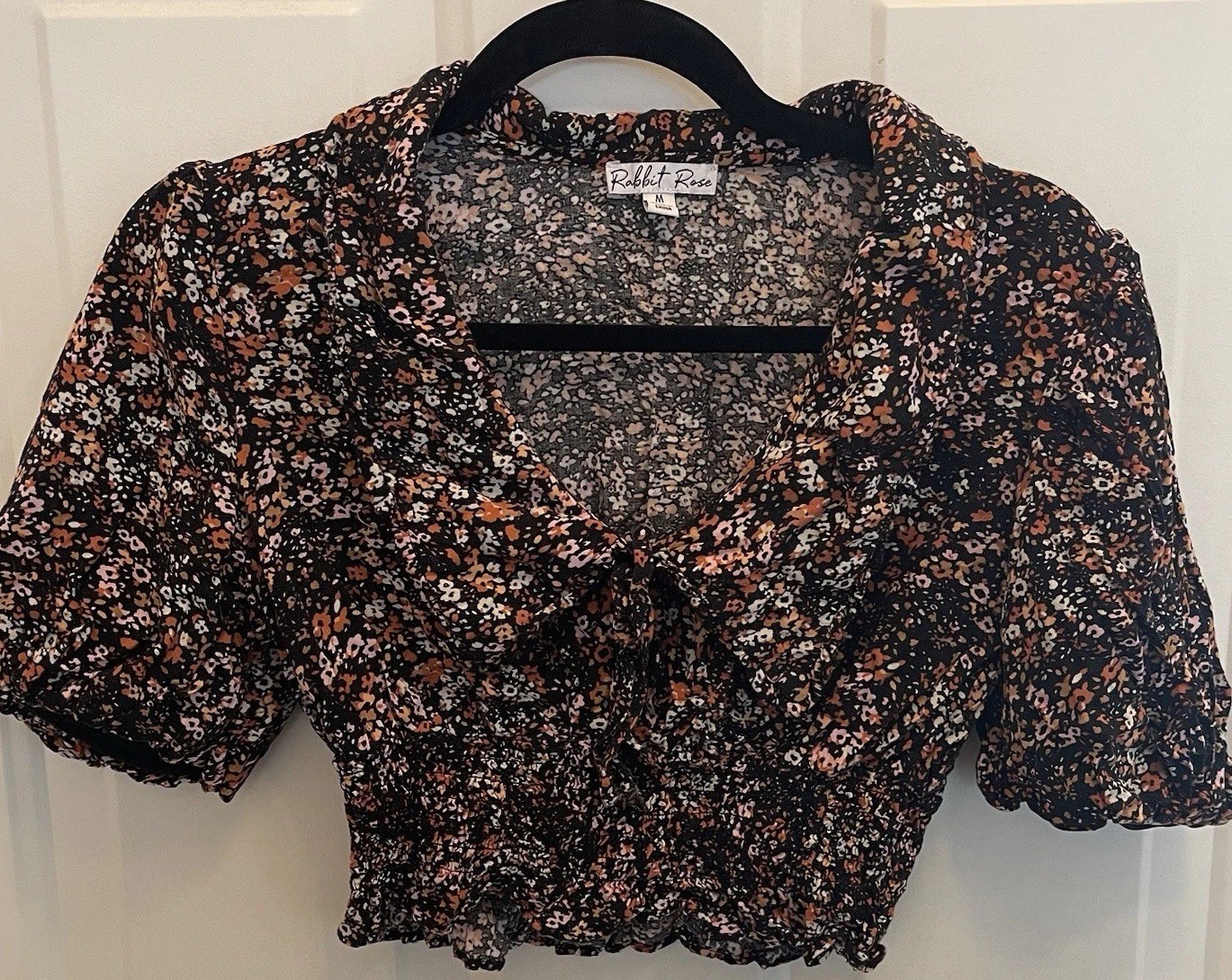Rabbit Rose Ditsy Flower Crop Puff Sleeve Floral Top Womens M Festival Coquette