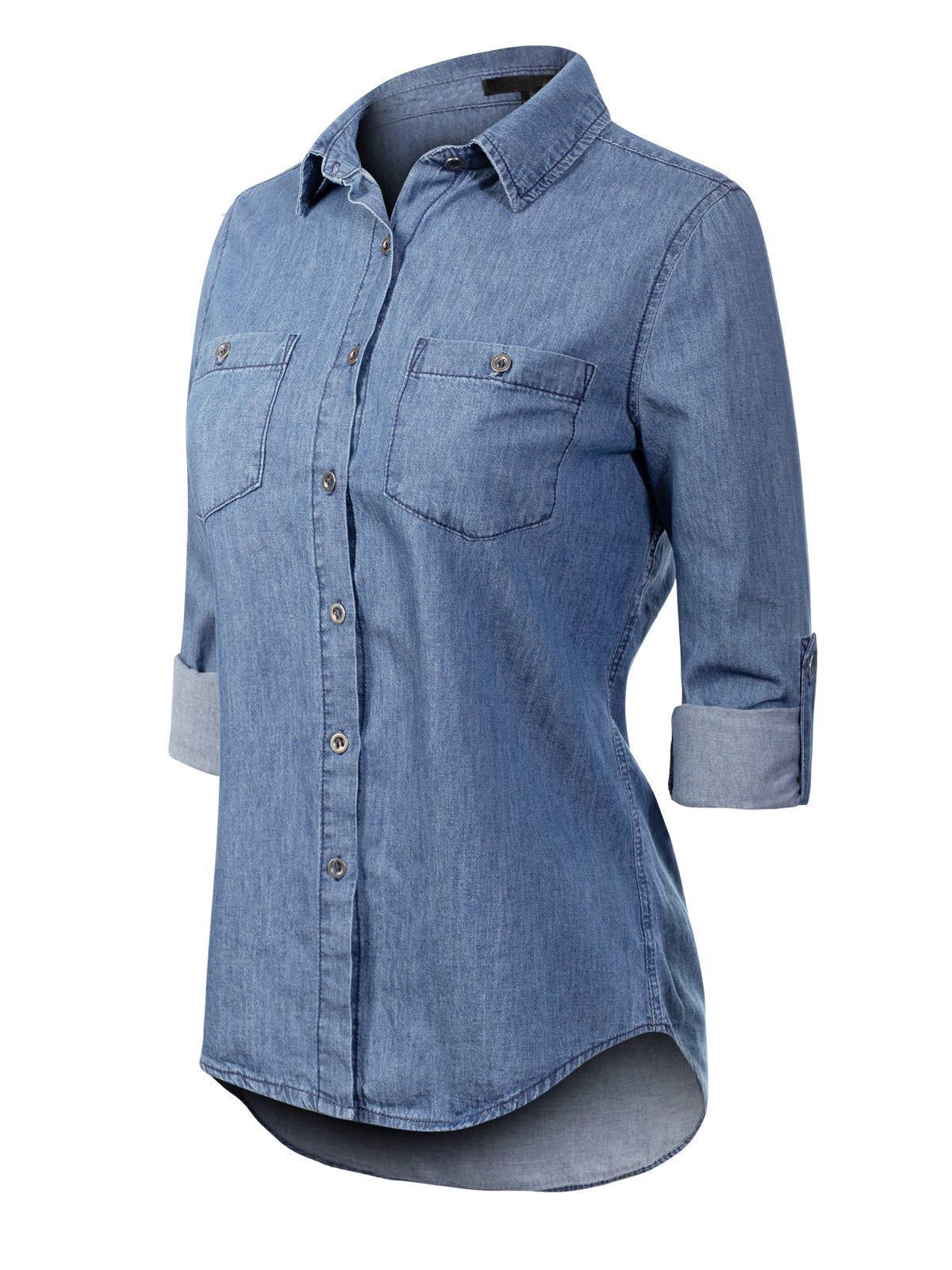 MixMatchy Basic Classic Roll up Sleeve Button Down Chambray Denim Shirt
