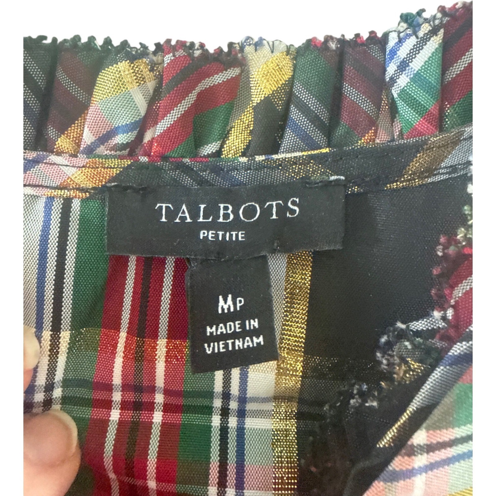 Talbots Bow Ruffle Neck Shell Celebrate Plaid MP M Petite Holiday Metallic NWOT