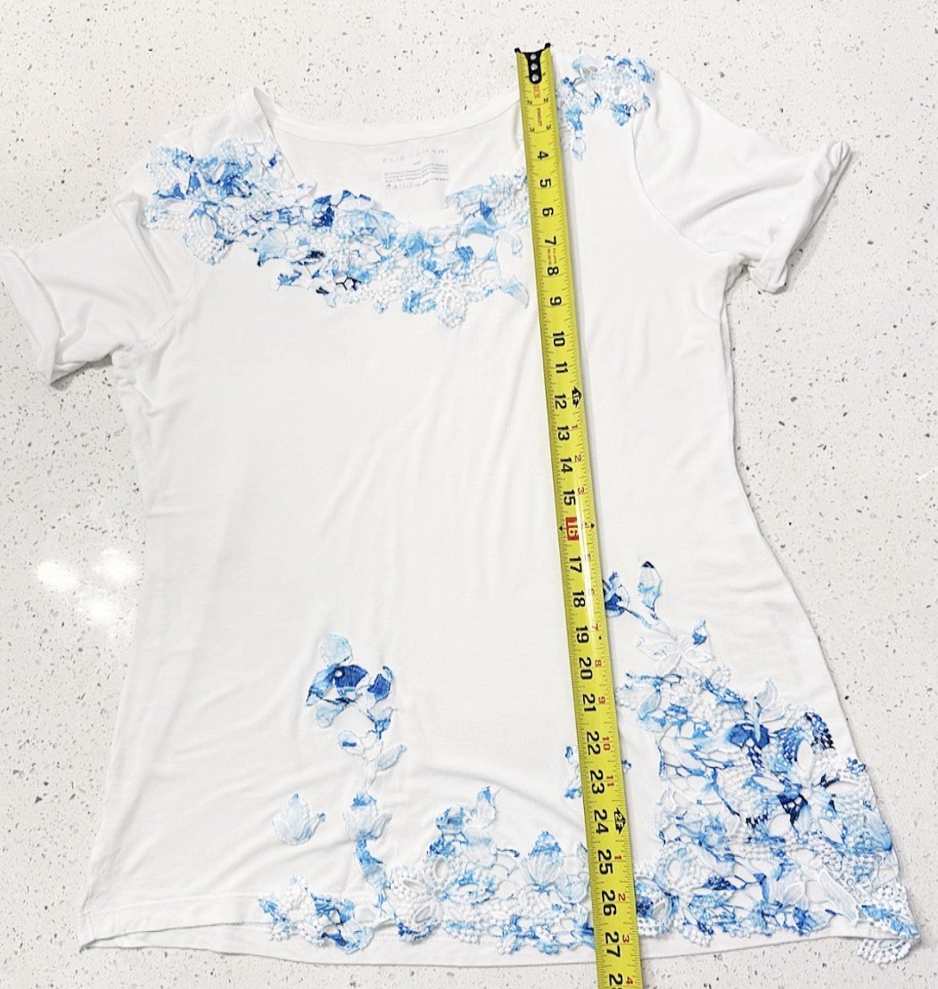 Elie Tahari Top Blouse Women M White Blue Floral Lace Applique Short Sleeve
