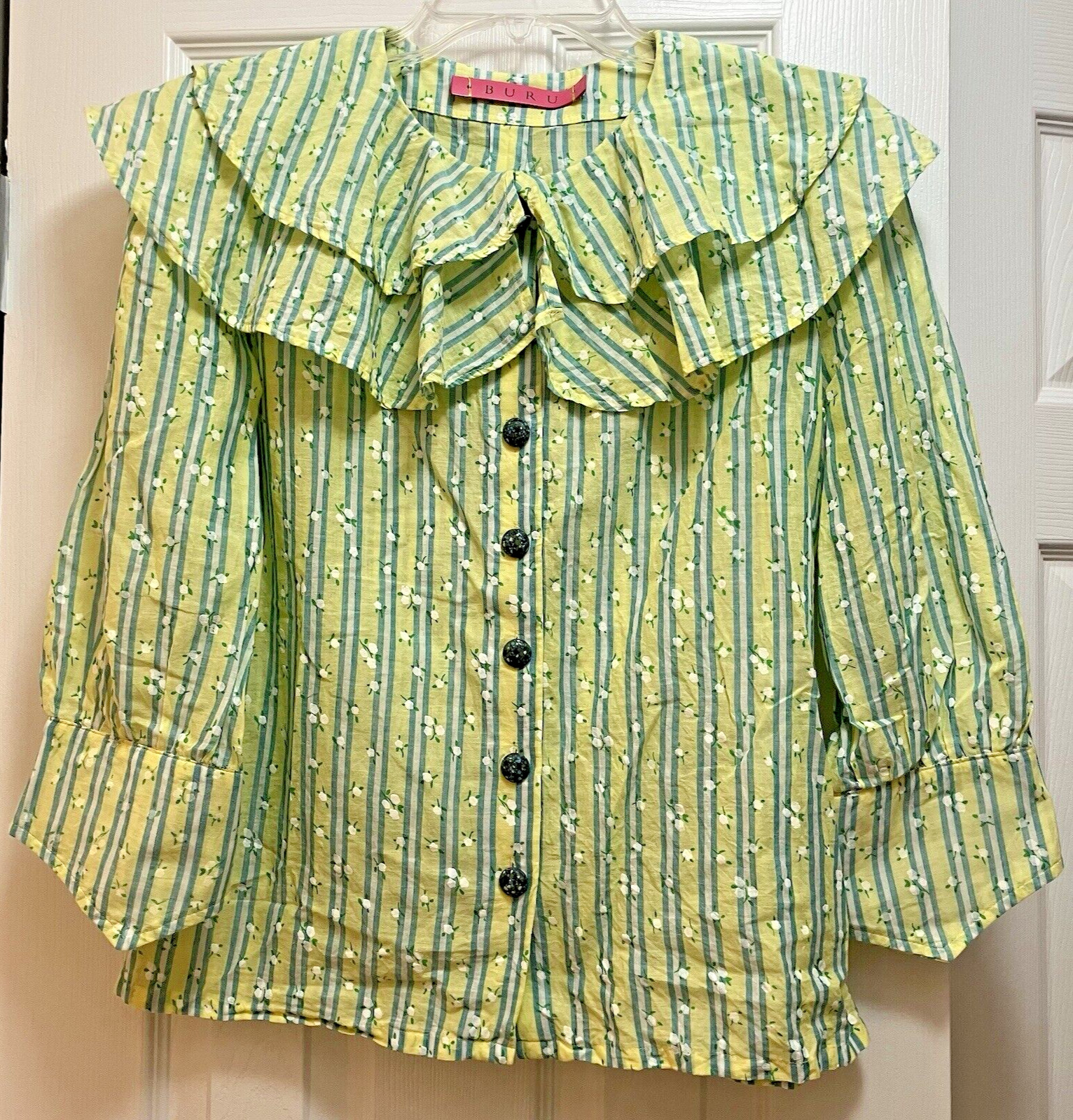 Buru Ruffle Collar Button Up Blouse Lemon Turquoise Stripe S