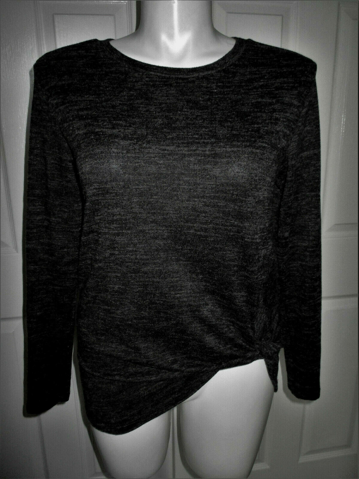 Goldspark Top Blouse Women’s Sz S Heather Black & Gray L/S Twist Knot Front EUC