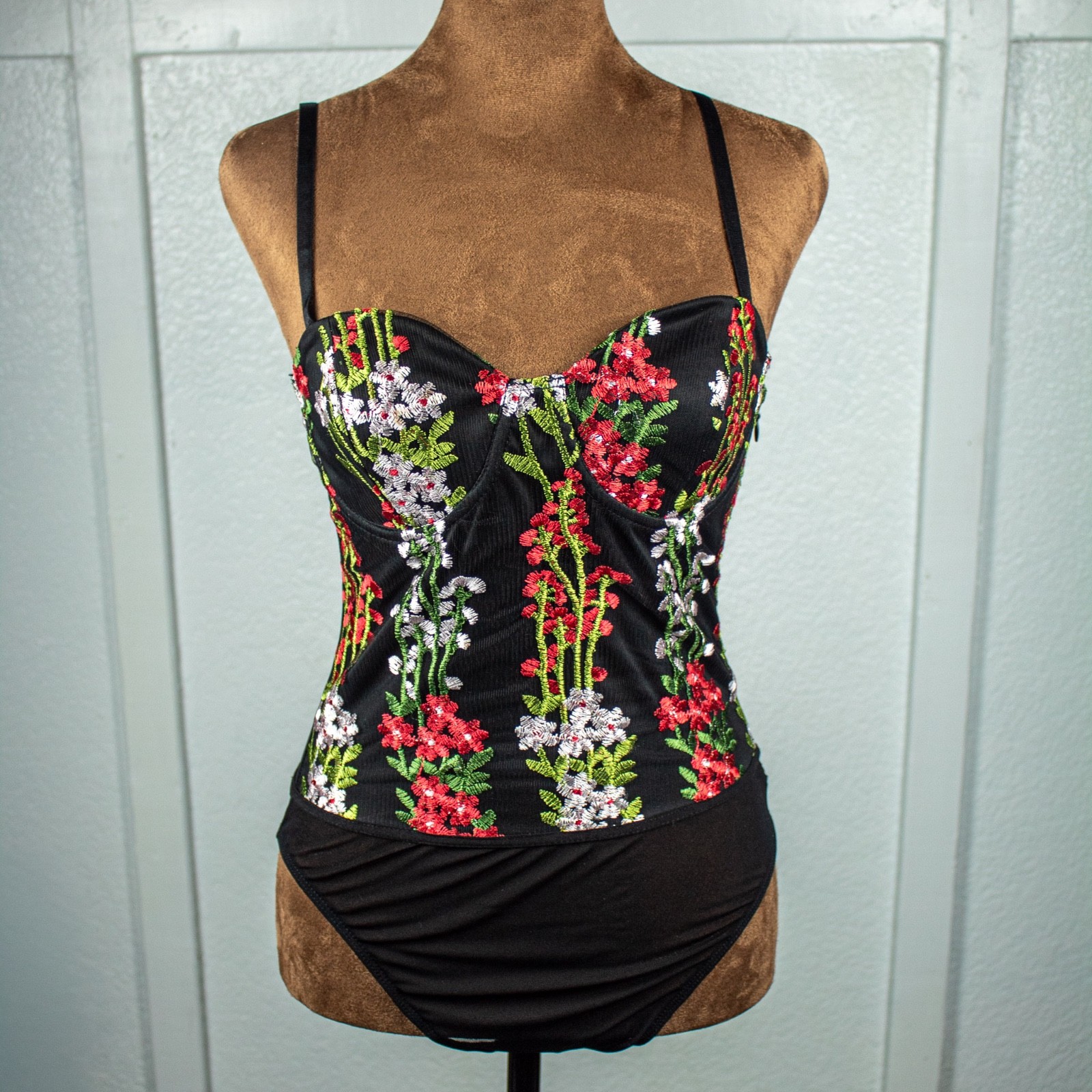 Lulus Black Embroidered Floral Mesh Bodysuit Spaghetti Strap Size S Fairycore