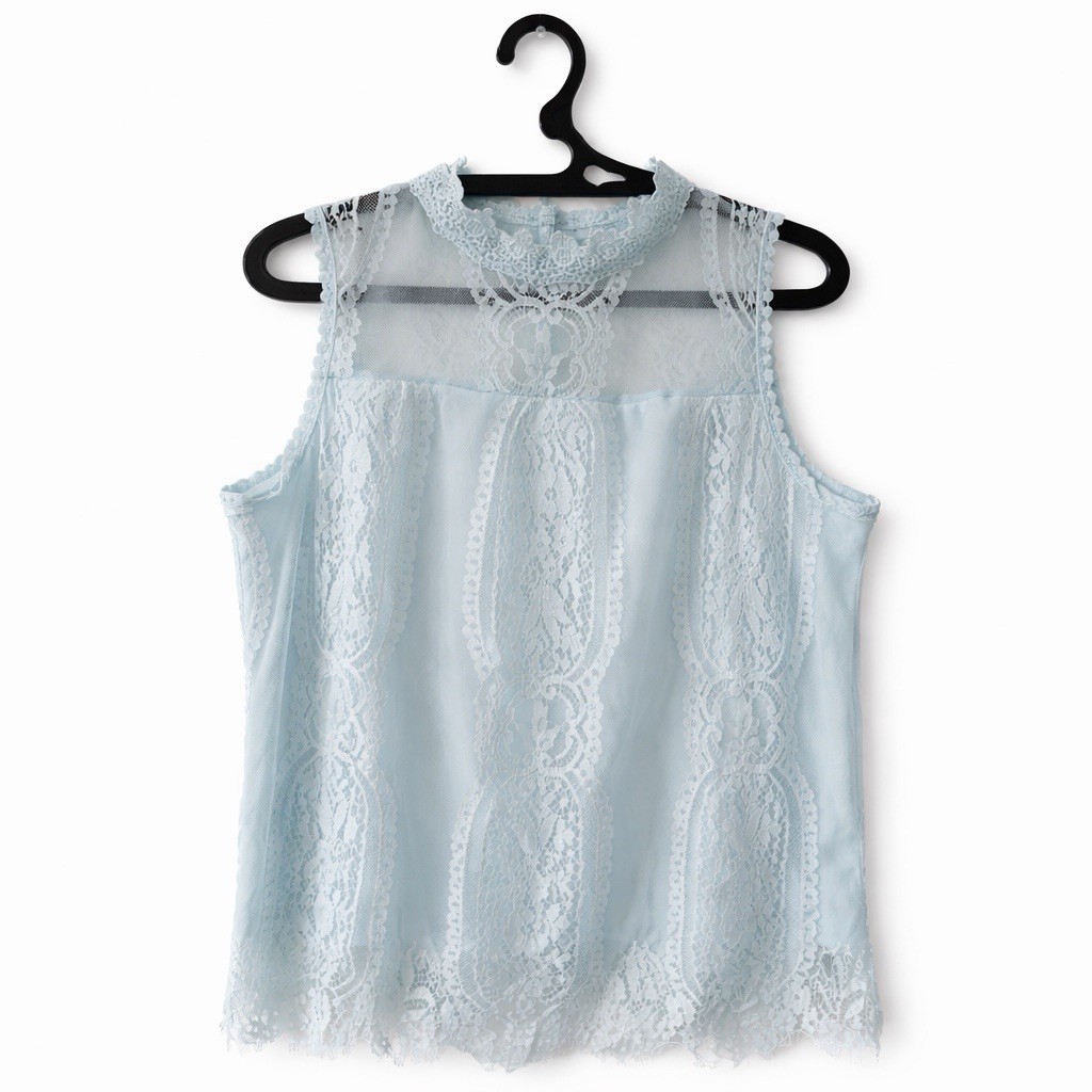 Notations Blue Lace Blouse M Sleeveless Mock Neck Sheer Feminine Top