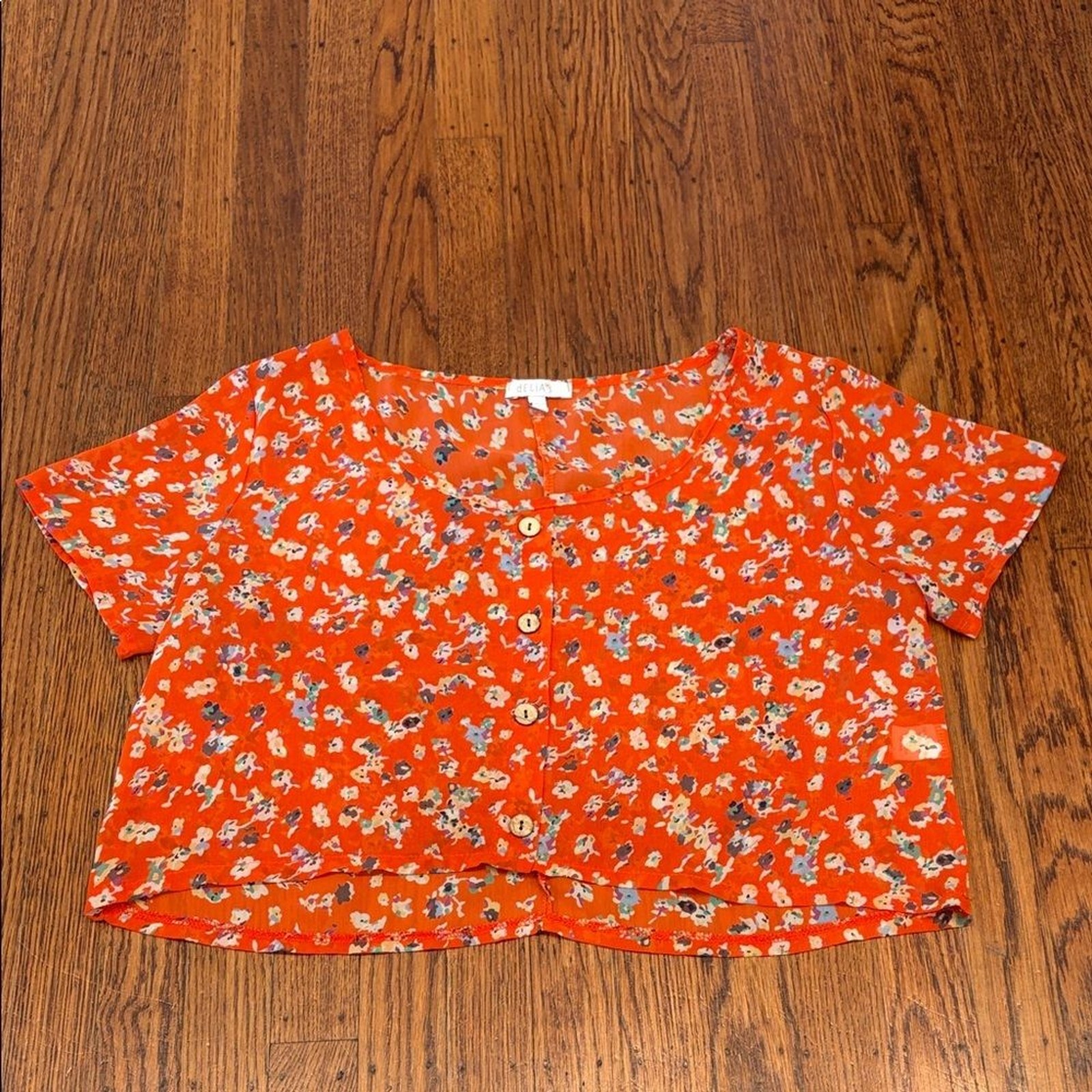 Y2K 90s Revival dELiA*s Red Floral Sheer Button-Front Top Small