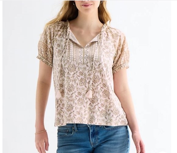 Lucky Brand Notch Collar Short Sleeve Blouse Pink Floral Women’s Size Large L