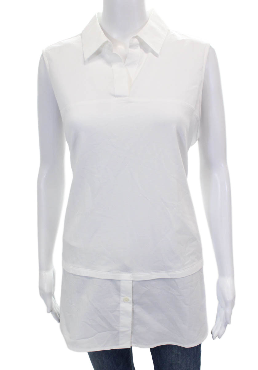 Hinson Wu Women Sleeveless Tunic Polo White Collared Button Size 1