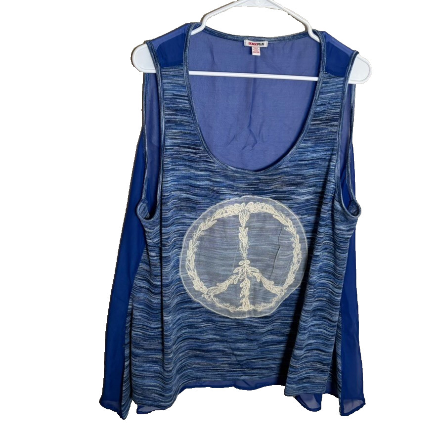 Bongo Tank Top Women’s 3X Round Neck Peace Blue Sleeveless Mixed Media