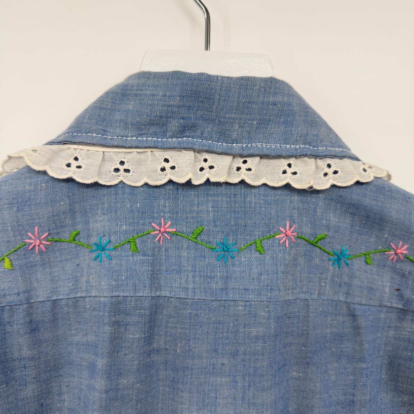 Vintage 70s Hand Embroidered Top Shirt S M Chambray Bird Butterfly Palm Tree USA