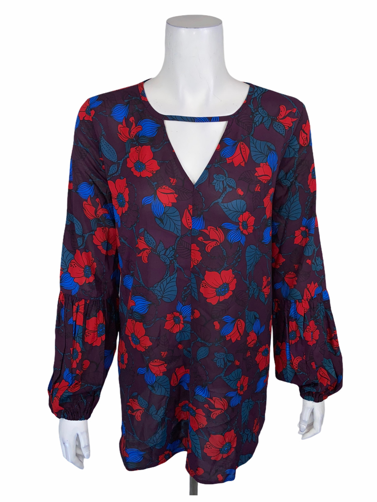 Du Jour Floral Printed Woven Tunic w/ Balloon Sleeves Top Plum Wine Small Size