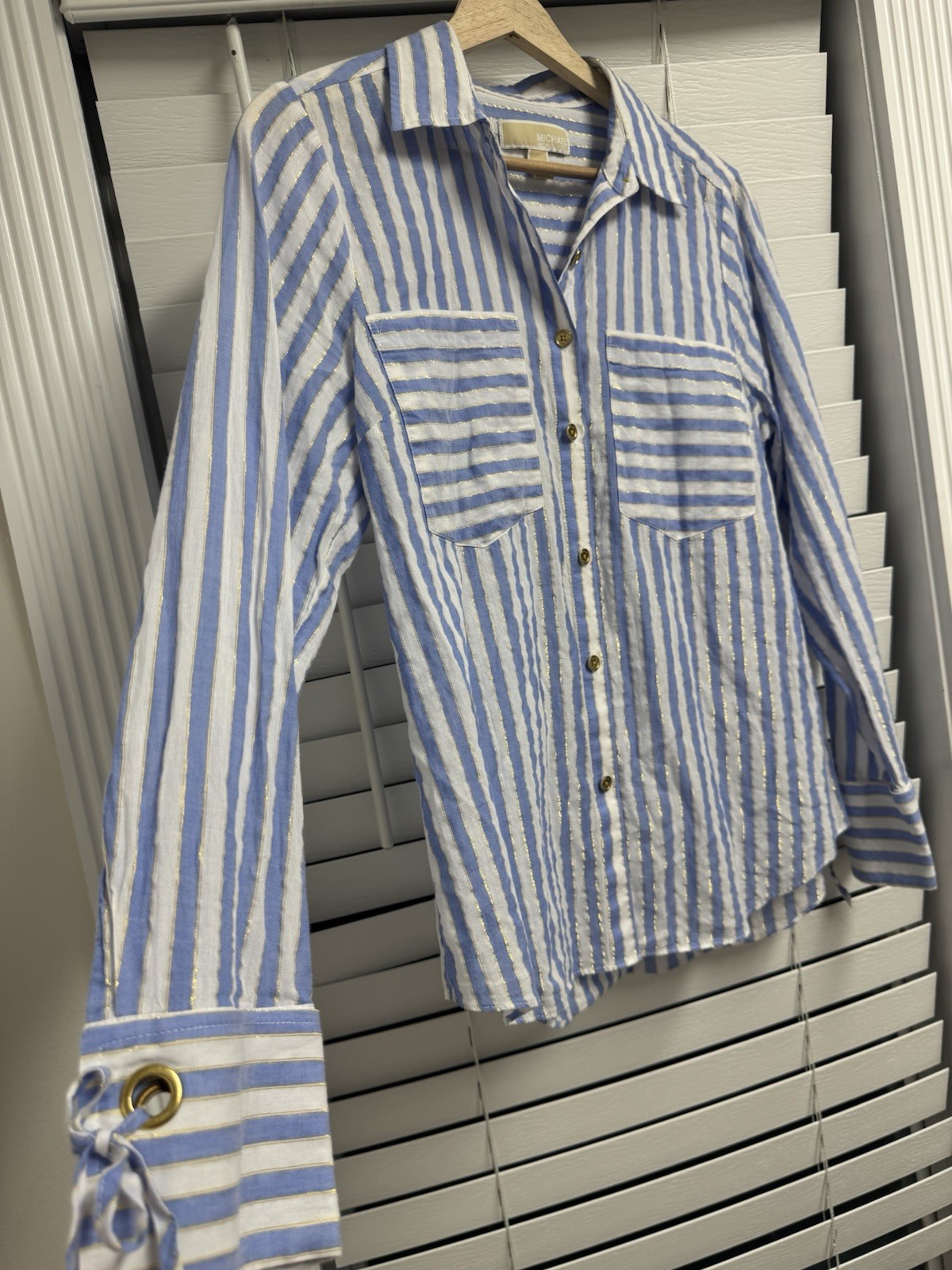 Michael Kors Blue & White Striped Gold Style Long Sleeve Button Up Women’s S