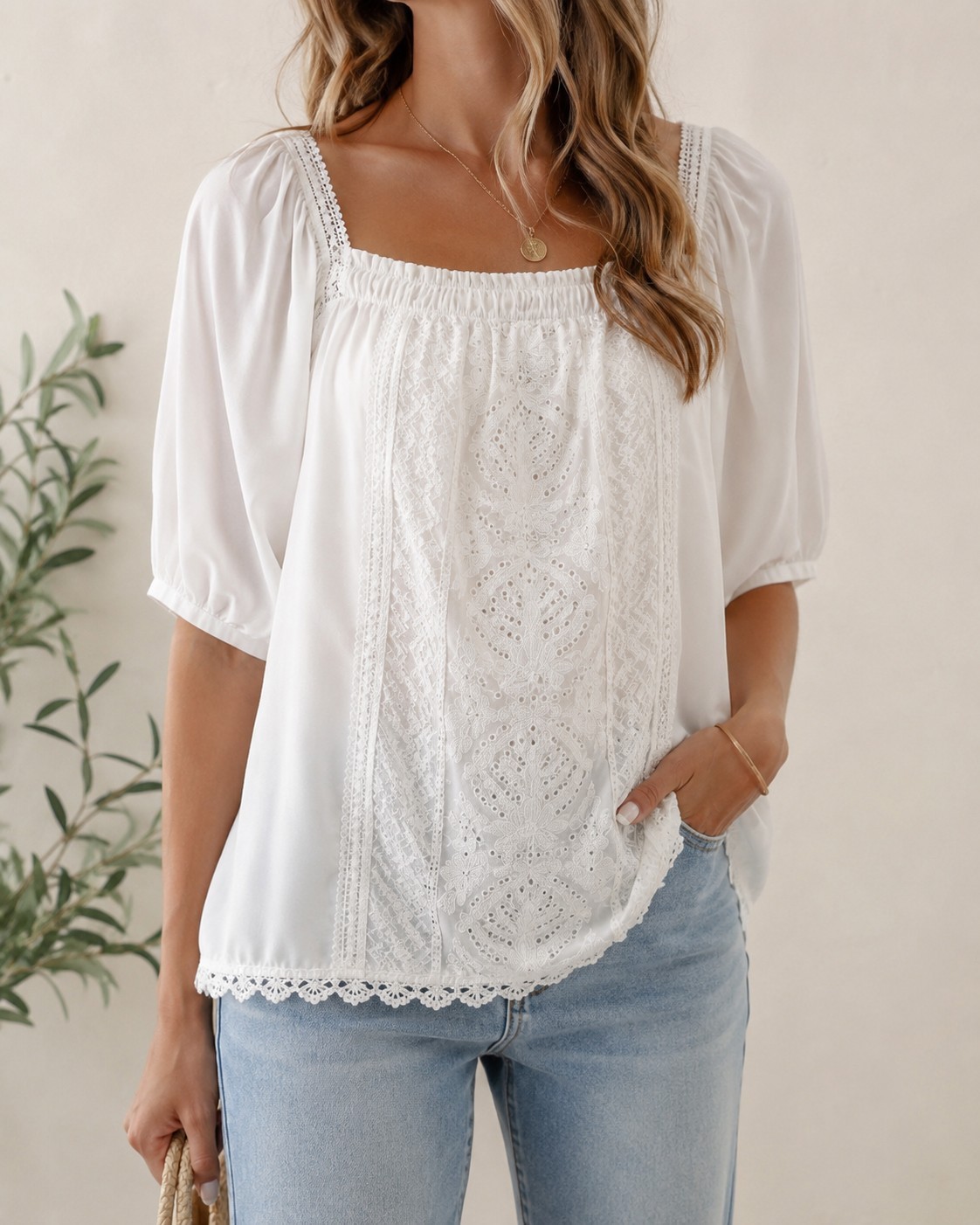 Democracy Boho Peasant Blouse Embroidered Eyelet Lace Square Neck Puff Sleeve L
