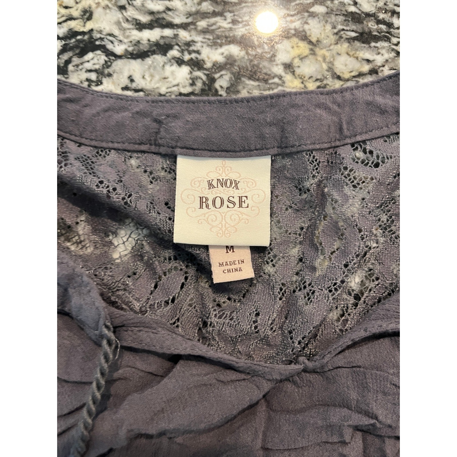 Knox Rose Charcoal Gray Lace Crochet Boho Peasant Top Tassel Tie Babydoll Medium