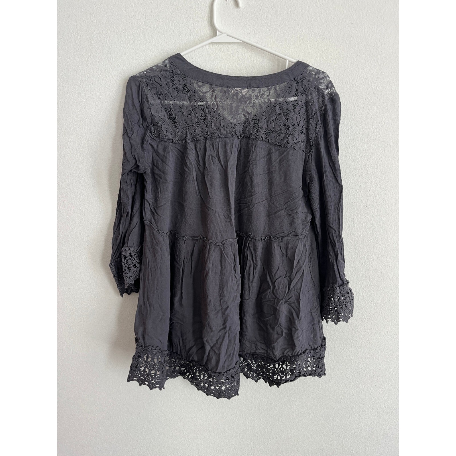 Knox Rose Charcoal Gray Lace Crochet Boho Peasant Top Tassel Tie Babydoll Medium