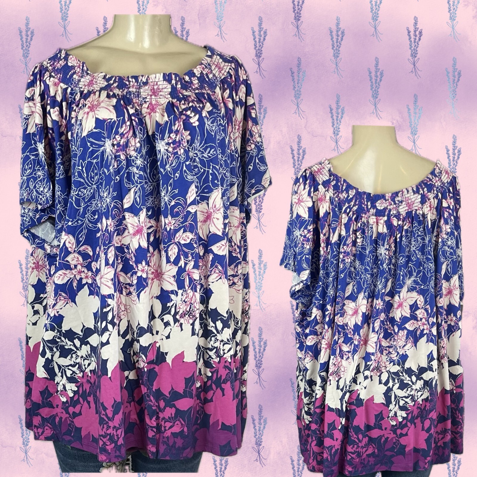 Roaman’s +30/32 Purple-Pink Floral Shirred Neck On/Off Shoulder Short Sleeve Top