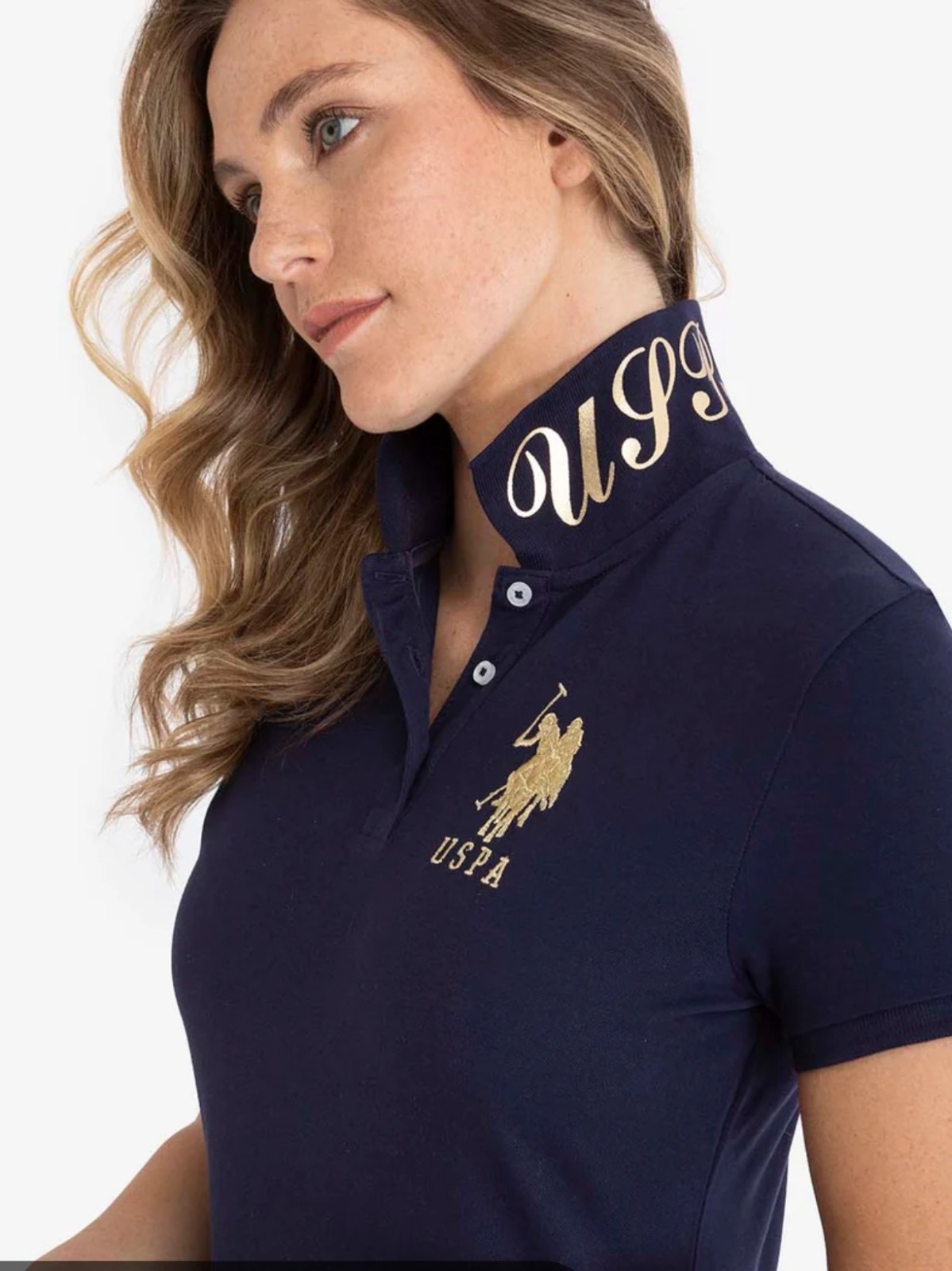 US Polo Assn Womens Polo Shirt Navy Blue Gold Big Logo Contrast Collar Size XXL