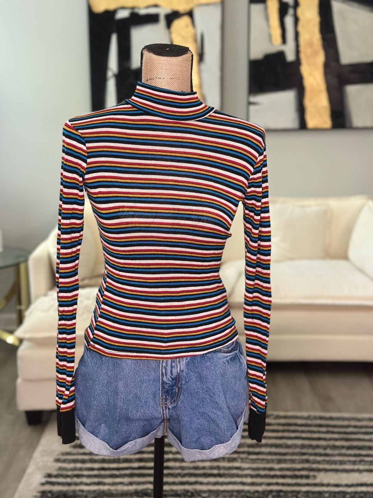 rue21 Women’s Long Sleeve Mock Neck Striped Rib-Knit Shirt Size XS