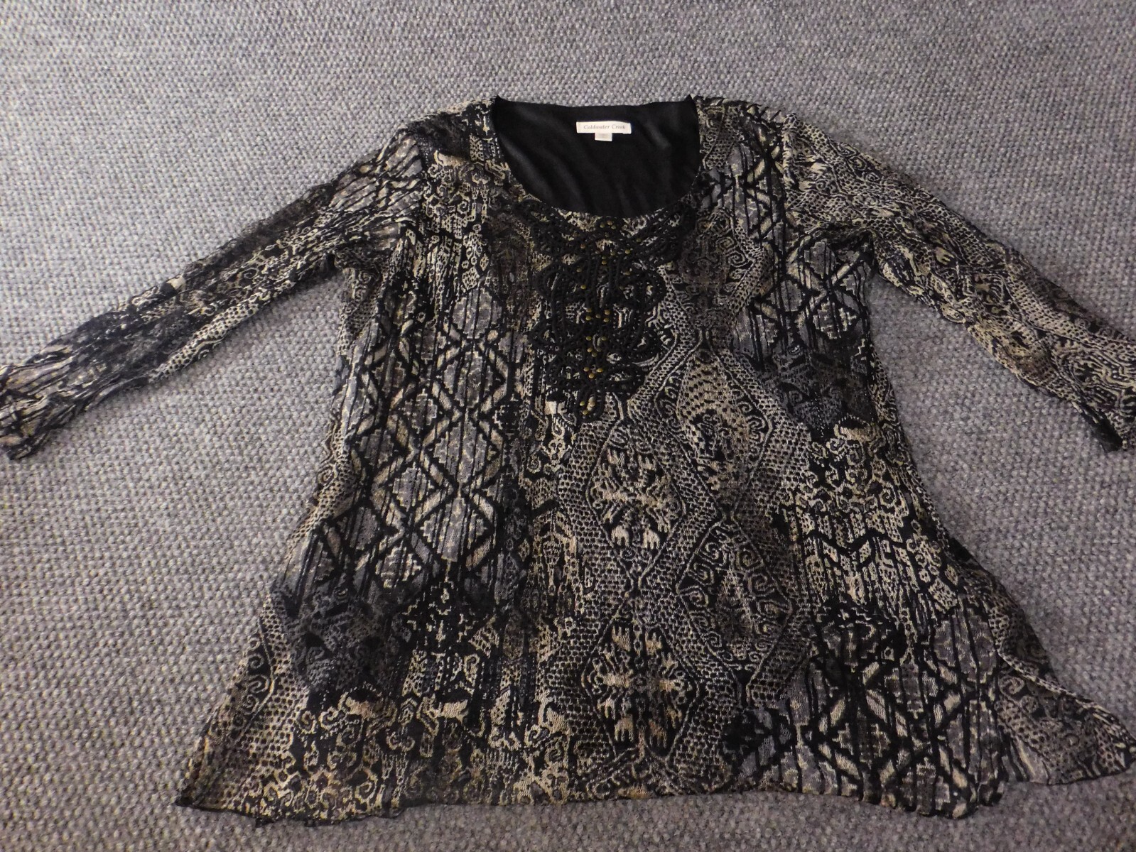 Coldwater Creek Womens Blouse Large Black graphic top designer lined stretch